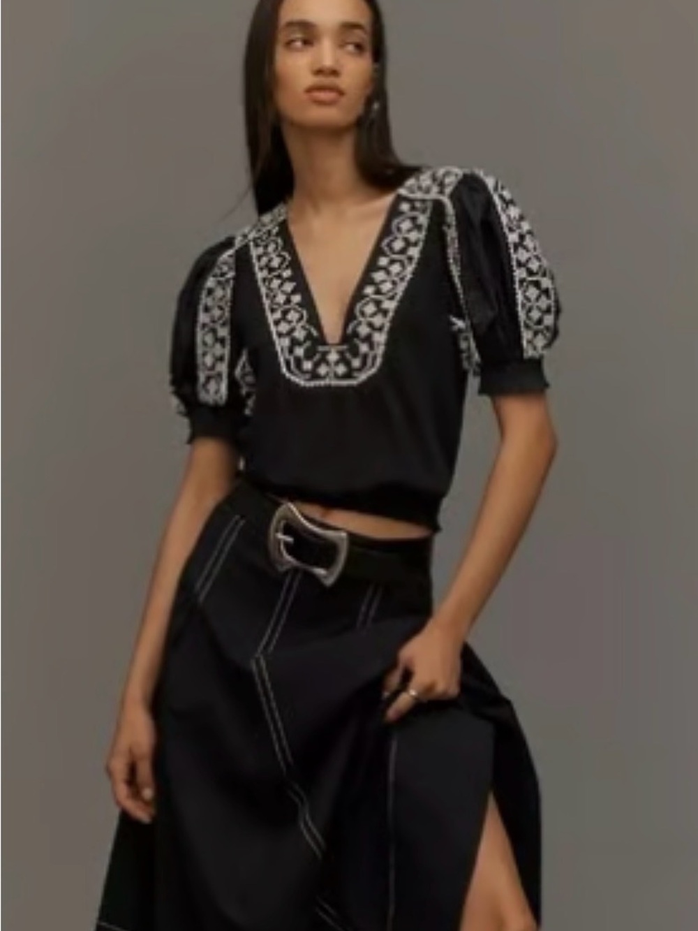 Anthropologie Black V-Neck Puff Sleeve Top with White Embroidery